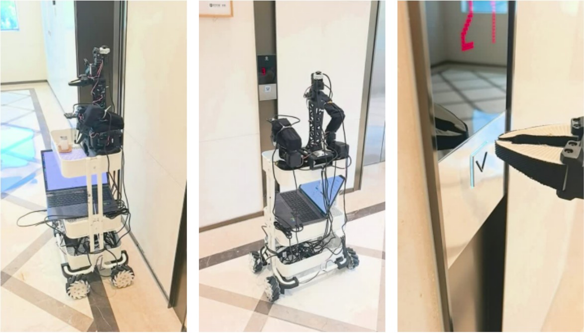 Real-robot elevator-button manipulation: initial position, approach, and button interaction.